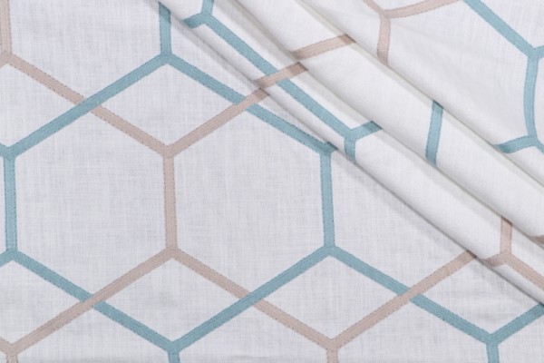 1 Yard Hex Fret Embroidered Drapery Fabric in Spa