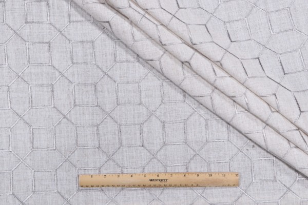 Octagon Fret Embroidered Drapery Fabric in Silver