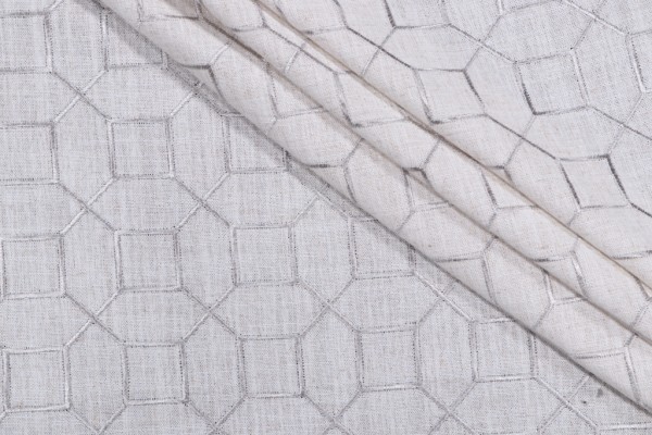 Octagon Fret Embroidered Drapery Fabric in Silver