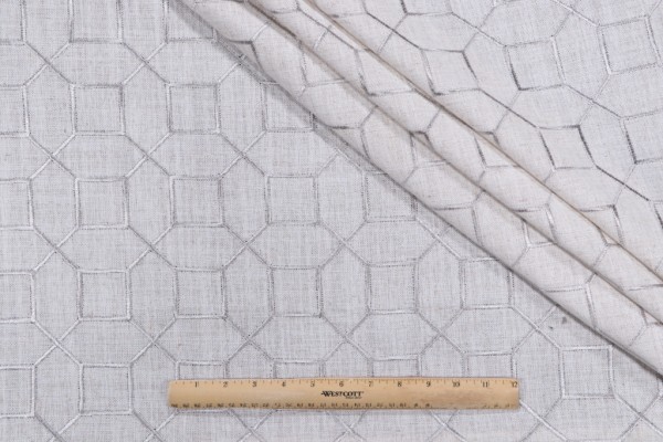 Octagon Fret Embroidered Drapery Fabric in Silver