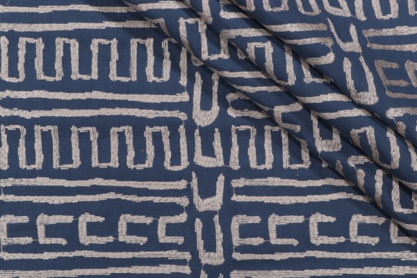 Sample of Richloom Primitive Embroidered Drapery Fabric in Indigo 