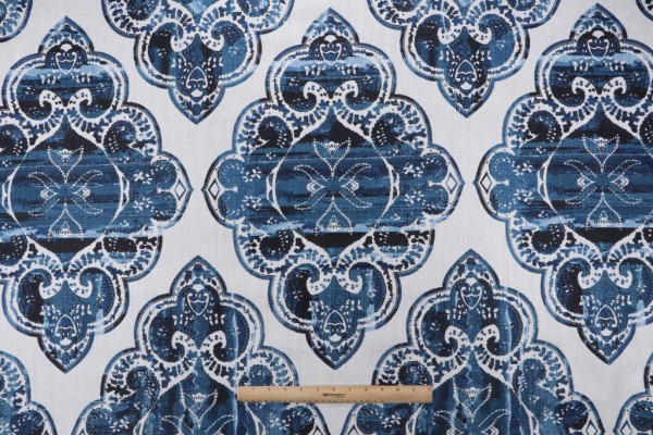 Damask Printed Linen Blend Drapery Fabric in Blue