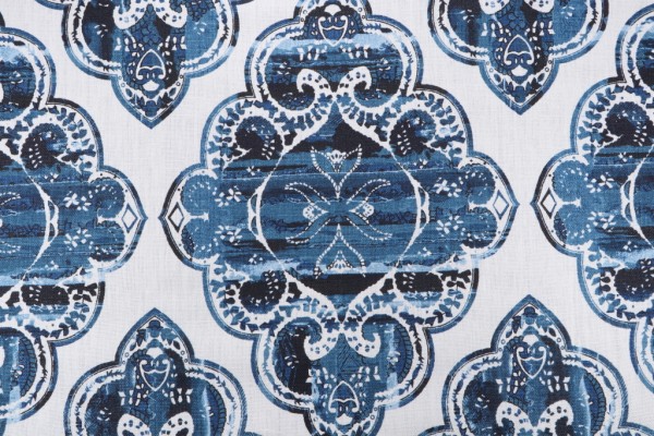 Damask Printed Linen Blend Drapery Fabric in Blue