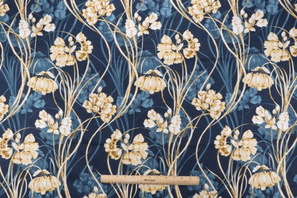 Stof France Mucha Printed Cotton Drapery Fabric in Bleu 