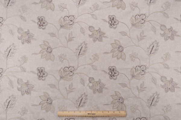 Floral Embroidered Drapery Fabric in Stone