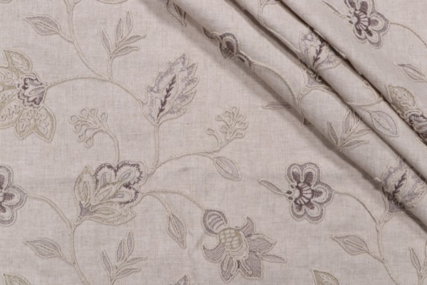 Floral Embroidered Drapery Fabric in Stone