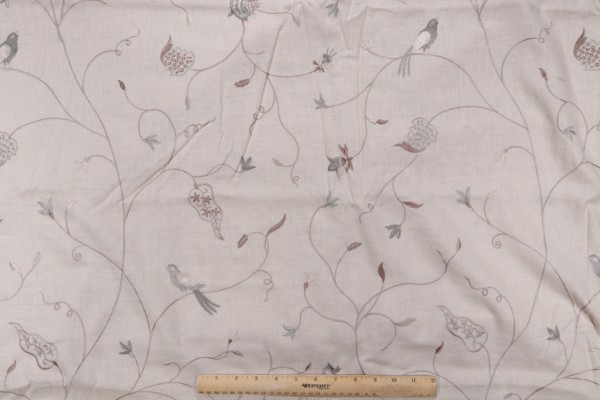 Floral Embroidered Drapery Fabric in Spa