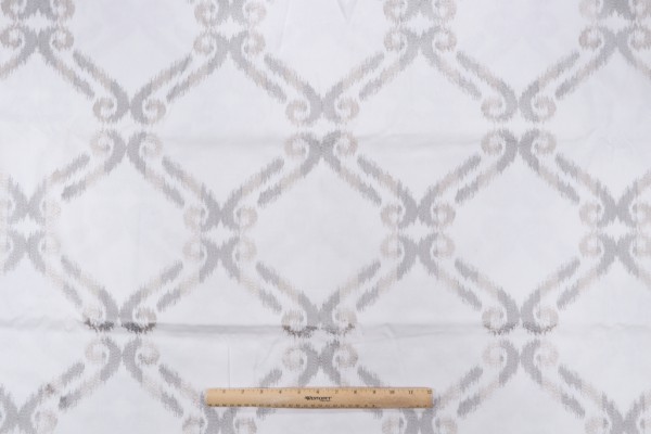 Ikat Scroll Embroidered Drapery Fabric in Grey