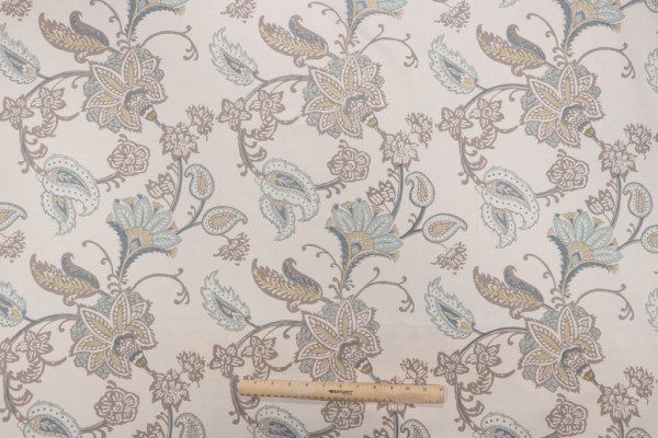 Laura & Kiran Ajanta Hand-Printed Cotton Drapery Fabric in Tan/Aqua