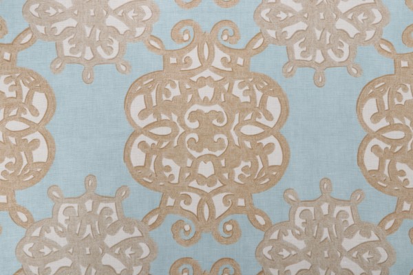 Thibaut Jakarta Printed Cotton Drapery Fabric in Aqua and Beige for Scalamandre