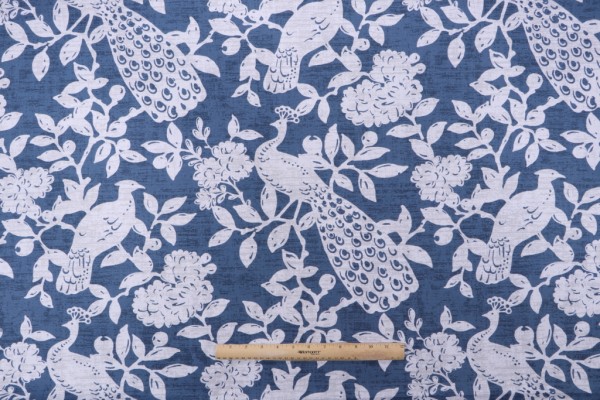 Magnolia Home Birdsong Printed Cotton Drapery Fabric in Navy 