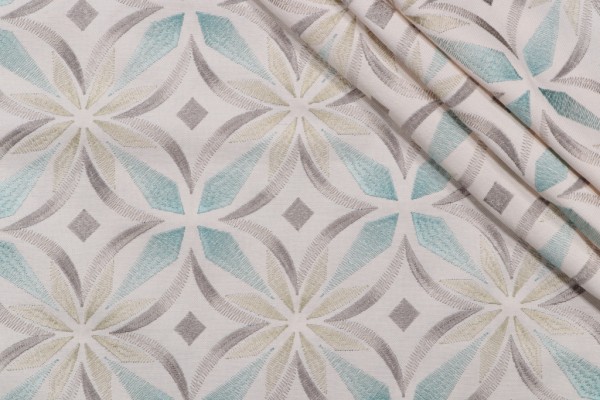 Kaleidoscope Embroidered Drapery Fabric in Sea