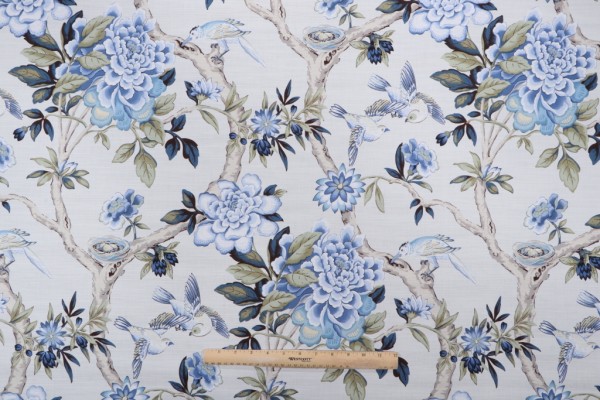 Waverly Mudan Printed Cotton Drapery Fabric in Porcelain 