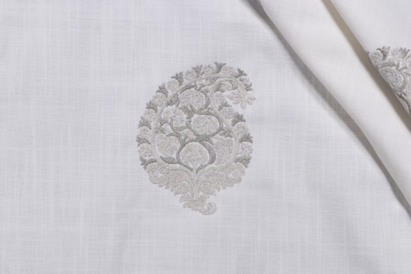 Paisley Shimmer Embroidered Drapery Fabric in Silver Mist