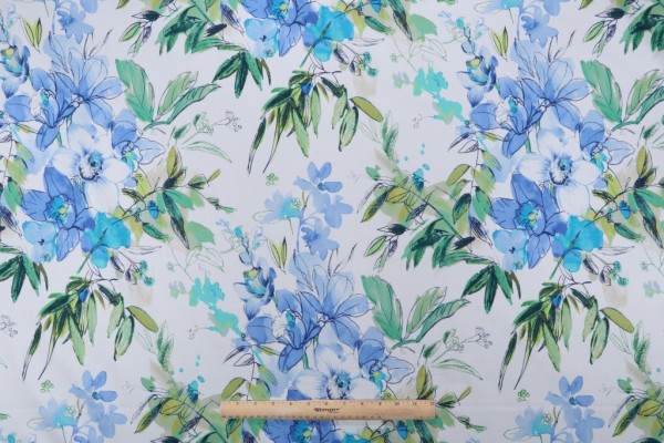 Covington Nadine Printed Cotton Twill Drapery Fabric in Cabana Blue 