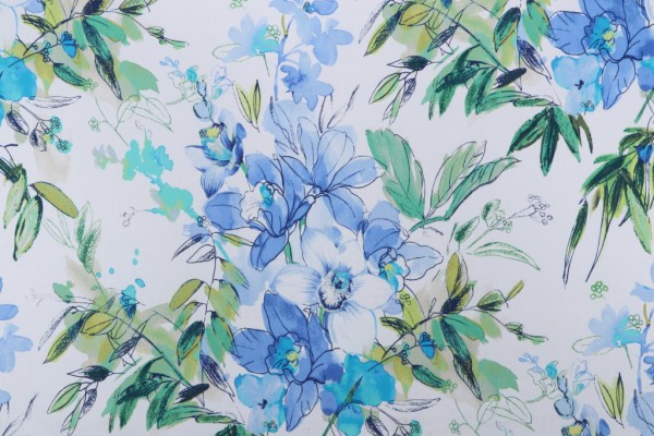 Covington Nadine Printed Cotton Twill Drapery Fabric in Cabana Blue 