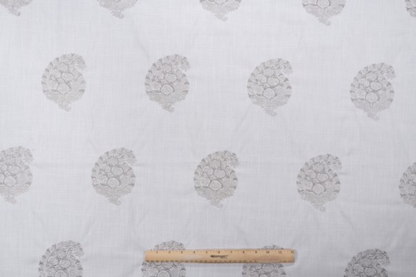Paisley Shimmer Embroidered Drapery Fabric in Silver Mist
