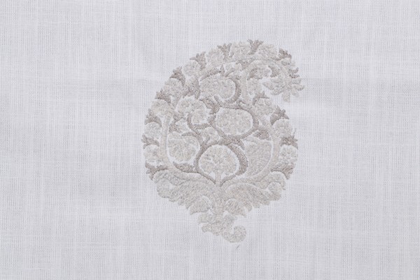 Paisley Shimmer Embroidered Drapery Fabric in Silver Mist