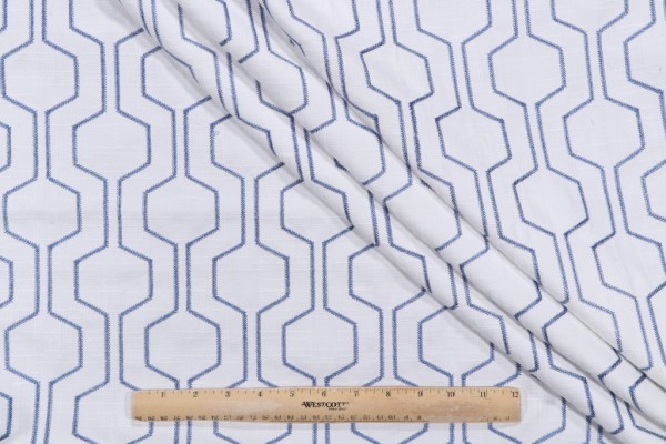 Takeoff Embroidered Drapery Fabric in Ocean