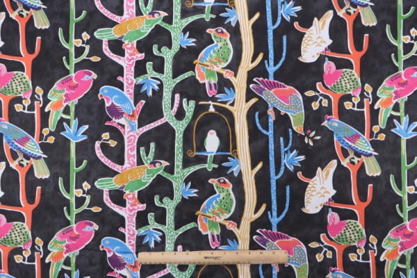 Waverly Birdhouse Chatter Printed Cotton Twill Drapery Fabric in Licorice 