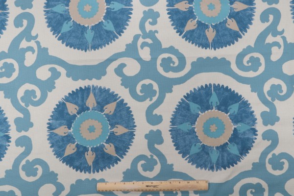 Isabelle de Borchgrave Kaftan Suzani Printed Cotton Drapery Fabric in Ocean for Fabricut 