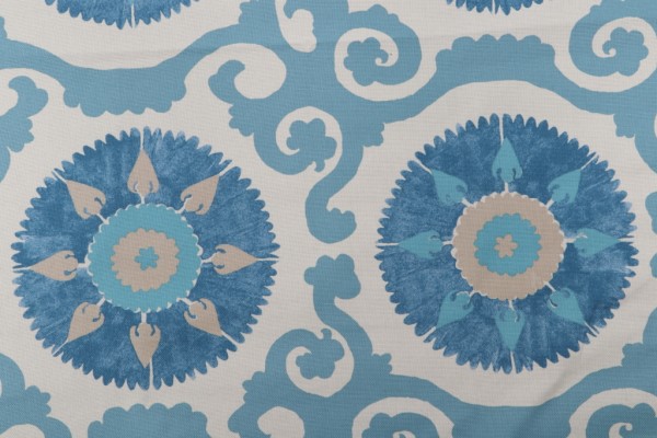 Isabelle de Borchgrave Kaftan Suzani Printed Cotton Drapery Fabric in Ocean for Fabricut 