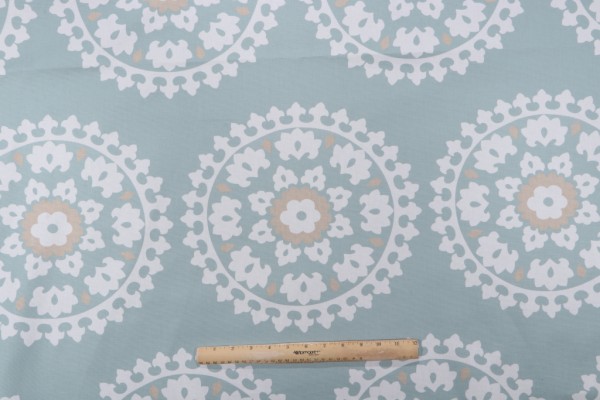 Sample of Echo Kea Printed Cotton Drapery Fabric in Seamist for Kravet CLOSEOUT 