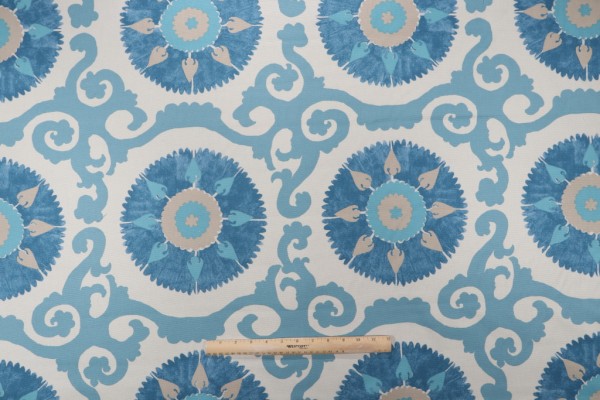 Isabelle de Borchgrave Kaftan Suzani Printed Cotton Drapery Fabric in Ocean for Fabricut 