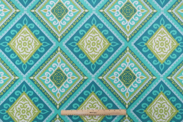 Terrasol - Spanish Tile Printed Polyester Outdoor Fabric in Peacock 