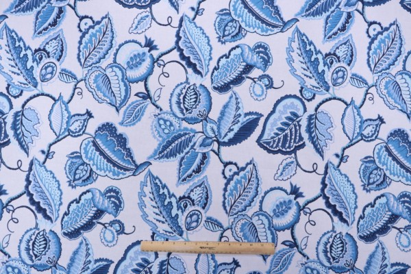 Waverly Fantasy Fleur Printed Cotton Drapery Fabric in Ocean