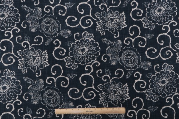 Floral Printed Cotton Drapery Fabric in Midnight