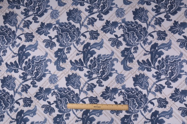 Robert Allen Floral Lattice Printed Cotton Drapery Fabric in Indigo