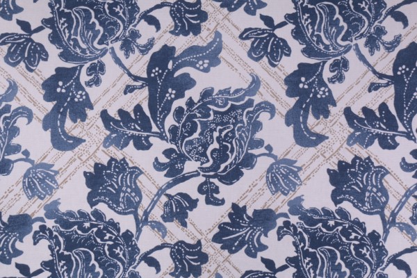 Robert Allen Floral Lattice Printed Cotton Drapery Fabric in Indigo