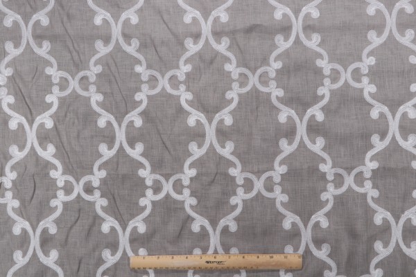 Anna French Roselli Trellis Embroidered Linen Drapery Fabric White on Dark Grey AW2561 for Thibaut