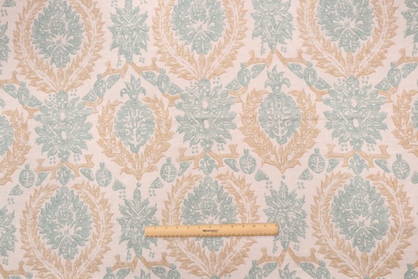 Thibaut Haleema F97935 Printed Linen Blend Drapery Fabric in Aqua and Beige