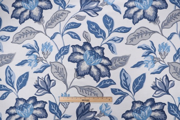 French General Delphine Printed Drapery Fabric in Indigo for Fabricut 