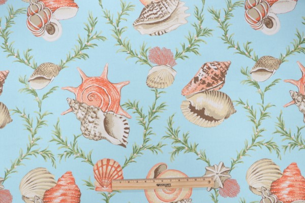 Thibaut Sumba Shell F95746 Printed Cotton Drapery Fabric in Sky Blue