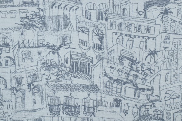 Lacefield Terra-10oz Duck White Printed Cotton Drapery Fabric in Steel Blue