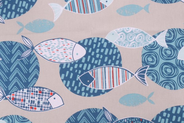 Stof France Poisson Printed Cotton Twill Drapery Fabric in Bleu