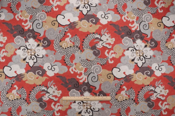 P Kaufmann Magic Dragon Printed Cotton Drapery Fabric in Lacquer Red