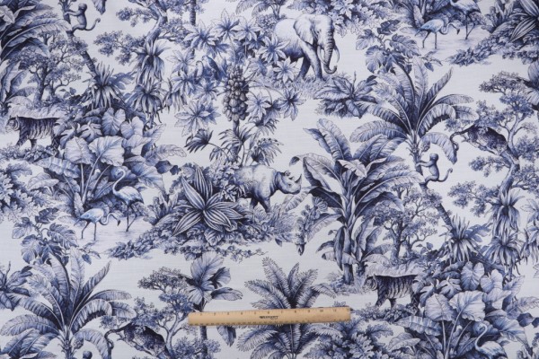 P Kaufmann Jardin Animalier Printed Cotton Drapery Fabric in Indigo