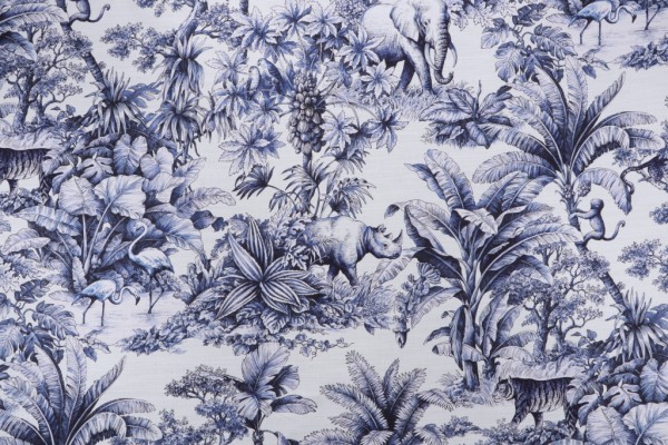 P Kaufmann Jardin Animalier Printed Cotton Drapery Fabric in Indigo