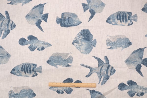 Stof Fabrics Guppy Printed Linen Drapery Fabric in Bleu/Blanc