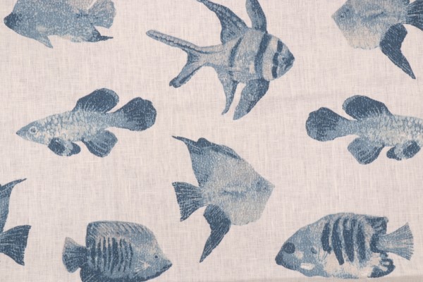 Stof Fabrics Guppy Printed Linen Drapery Fabric in Bleu/Blanc