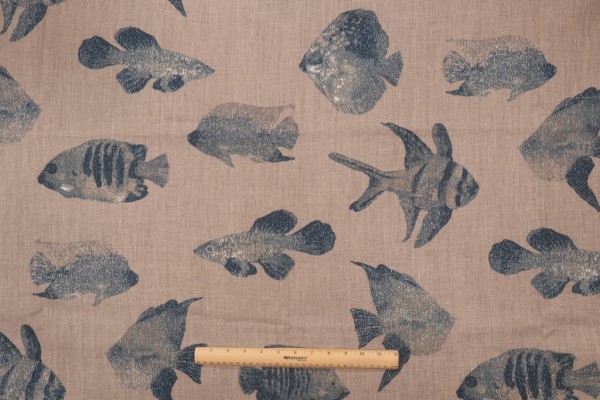 Stof Fabrics Guppy Printed Linen Drapery Fabric in Bleu/Lin