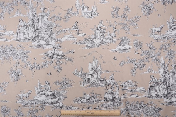 Thibaut La Fontaine F97342 Printed Cotton Drapery Fabric in Black on Taupe