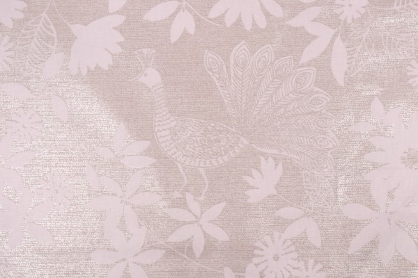Kaufmann Iridescent Peacock Printed Cotton Drapery Fabric in Silver