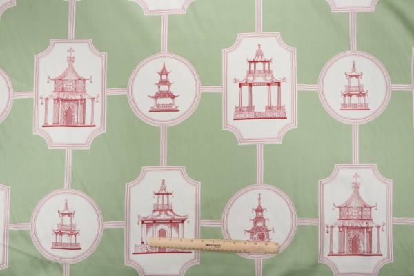 Thibaut Oriental Toile F99747 Printed Cotton Drapery Fabric in Red on Green