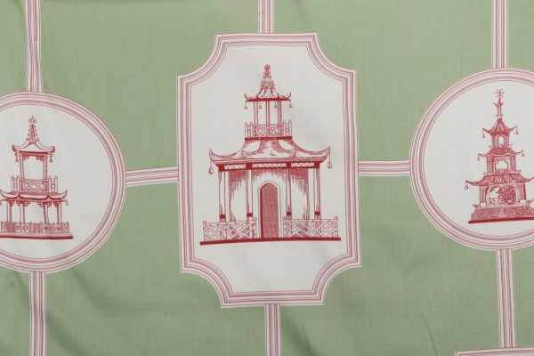 Thibaut Oriental Toile F99747 Printed Cotton Drapery Fabric in Red on Green