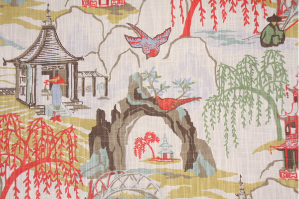 Robert Allen Neo Toile Printed Cotton Drapery Fabric in Coral